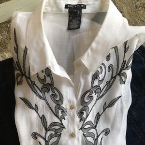 NIC+ZOE White Button Down Shirt with Black Embroidery